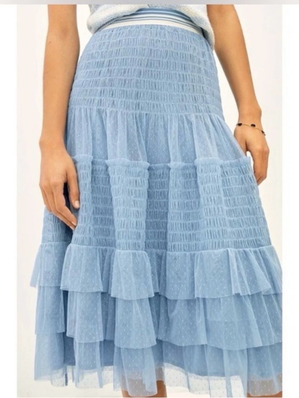 Anthropologie Maeve Tulle Midi Blue Swiss Dot Mesh Skirt Size Medium - Picture 2 of 10